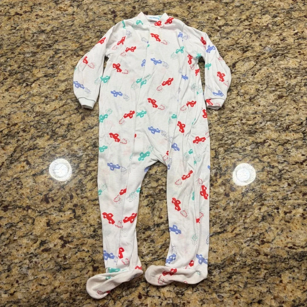 Vintage Carters Car Print Footed Sleeper White Blue Red Snap Front XL 24-28 lbs